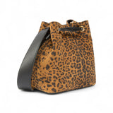 Borsa donna secchiello a tracolla piccola in suede leopardato