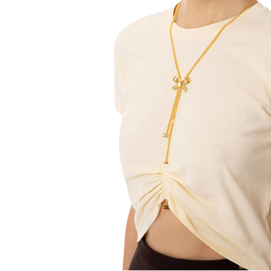 T-shirt donna in jersey con collana a fiocco