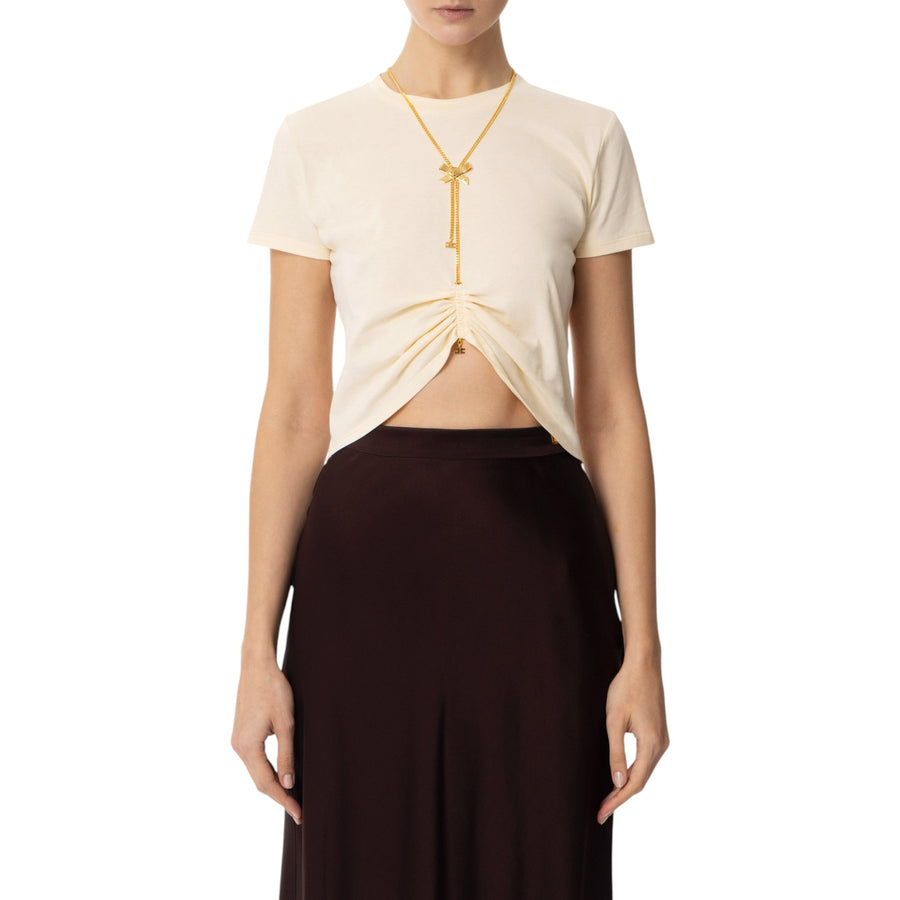 T-shirt donna in jersey con collana a fiocco