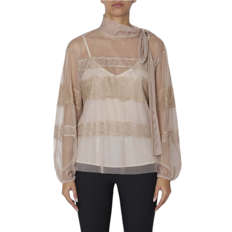 Blusa donna in tulle con fiocco e dettagli pizzo