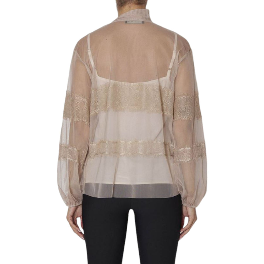 Blusa donna in tulle con fiocco e dettagli pizzo