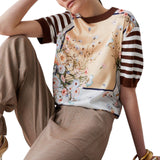 Top donna con inserti in twill stampato