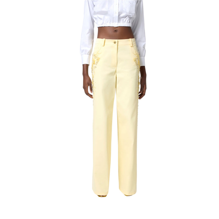 Pantaloni donna a palazzo in cotone con ricami