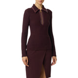 Polo donna in maglia bouclé con dettagli in vinile