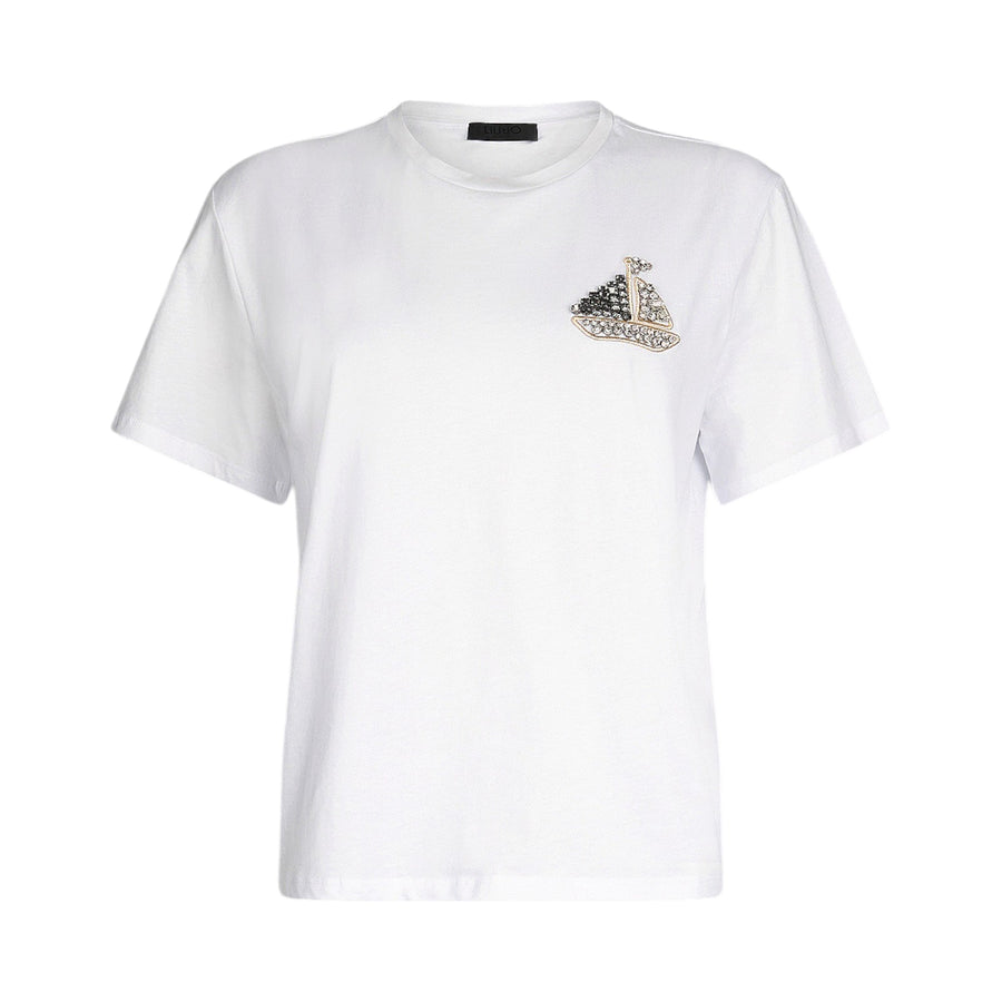 T-shirt donna in cotone con ricamo e strass