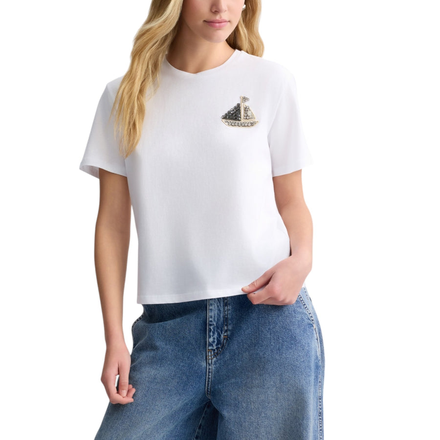 T-shirt donna in cotone con ricamo e strass