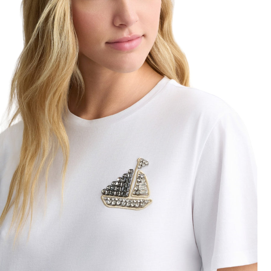 T-shirt donna in cotone con ricamo e strass