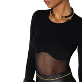 Body donna in jersey crêpe e tulle rete