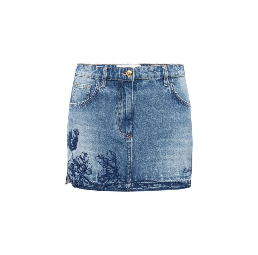 Minigonna donna in denim con ricamo floreale