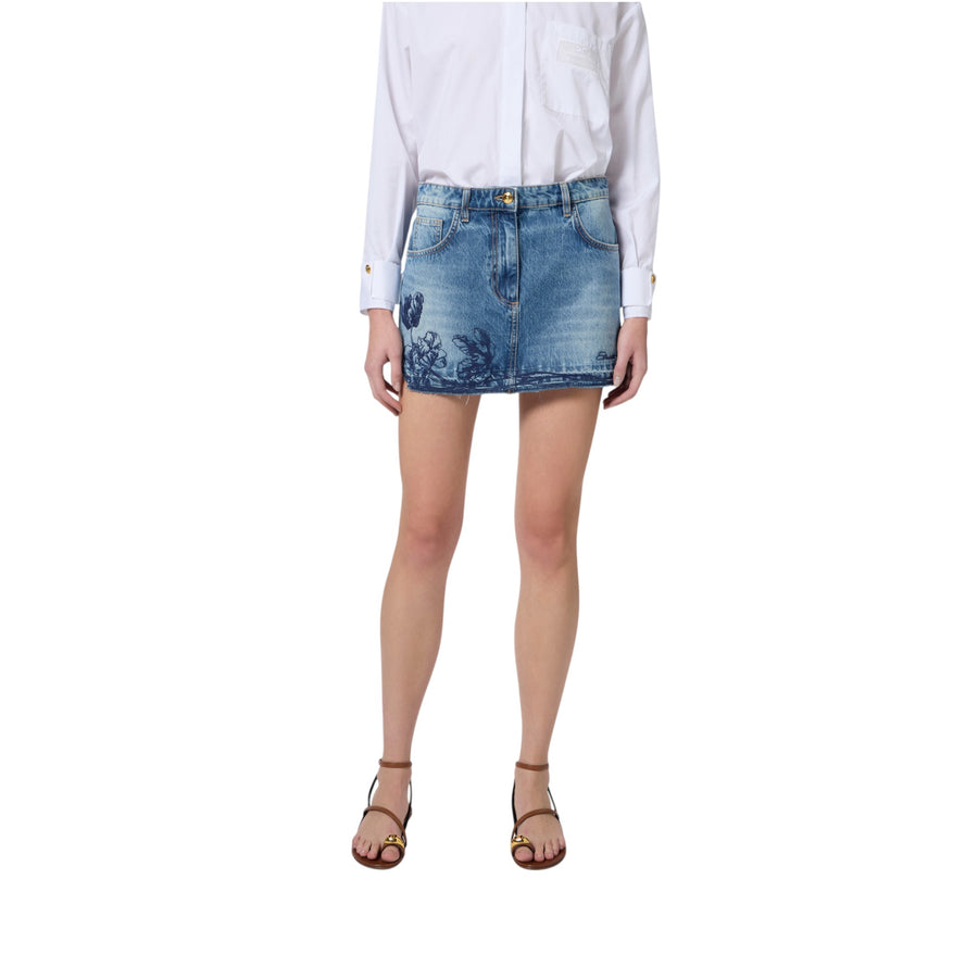 Minigonna donna in denim con ricamo floreale