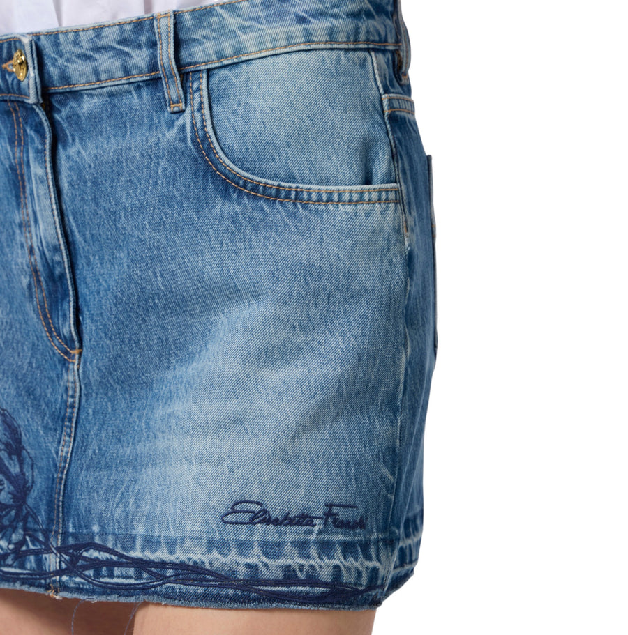Minigonna donna in denim con ricamo floreale