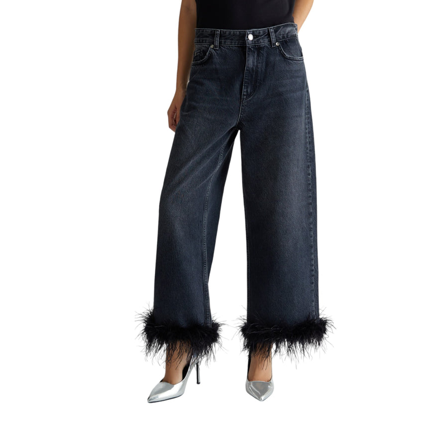 Jeans donna cropped con piume