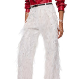 Pantaloni Donna wide leg con piume e strass