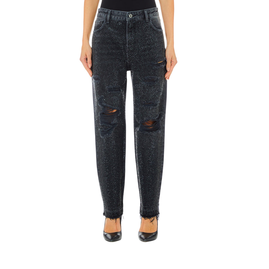 Jeans donna con strappi e strass