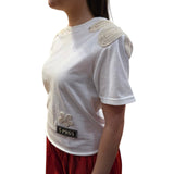 T-shirt donna bianca con applicazioni crochet
