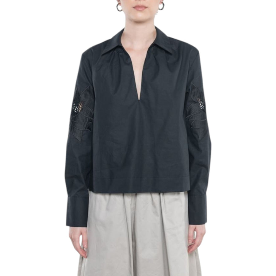 Blusa donna di cotone ricamato con arricciature