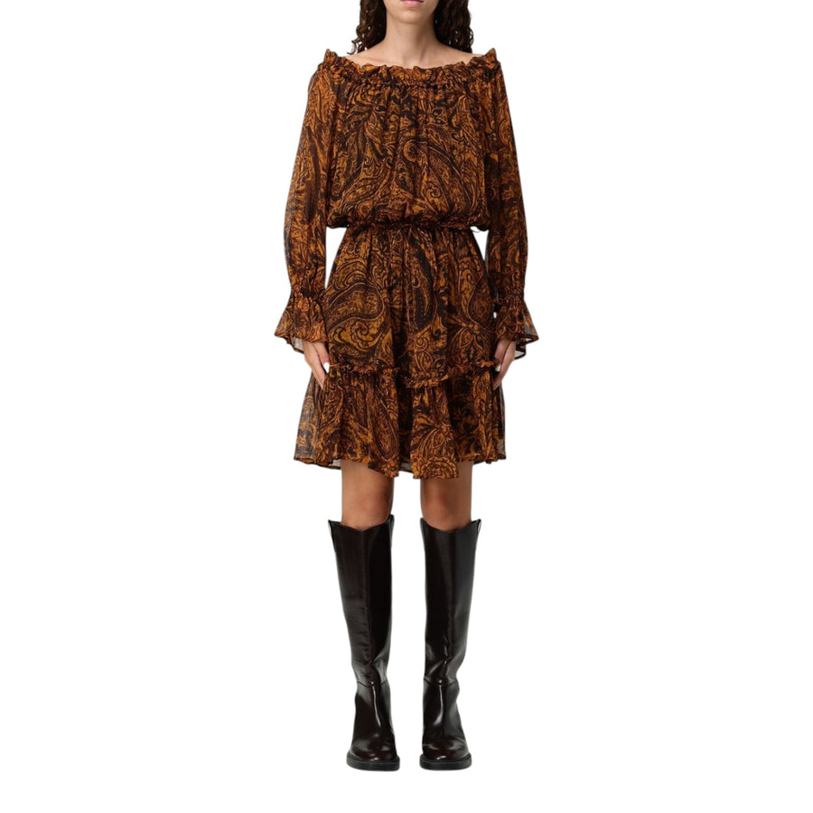 Vestito donna corto off-shoulders con stampa cachemire