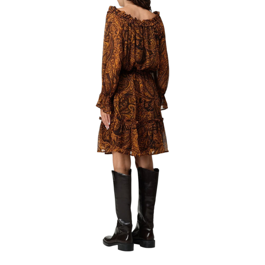 Vestito donna corto off-shoulders con stampa cachemire