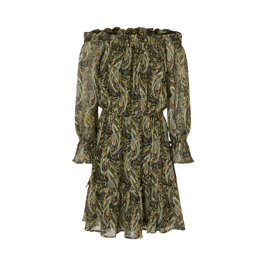 Vestito donna corto off-shoulders con stampa cachemire