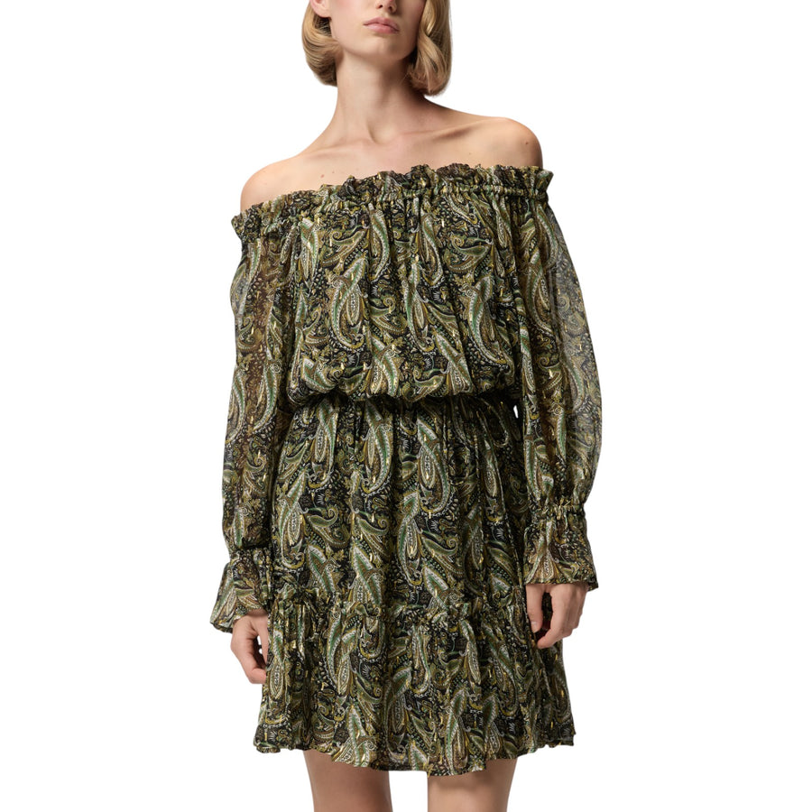 Vestito donna corto off-shoulders con stampa cachemire