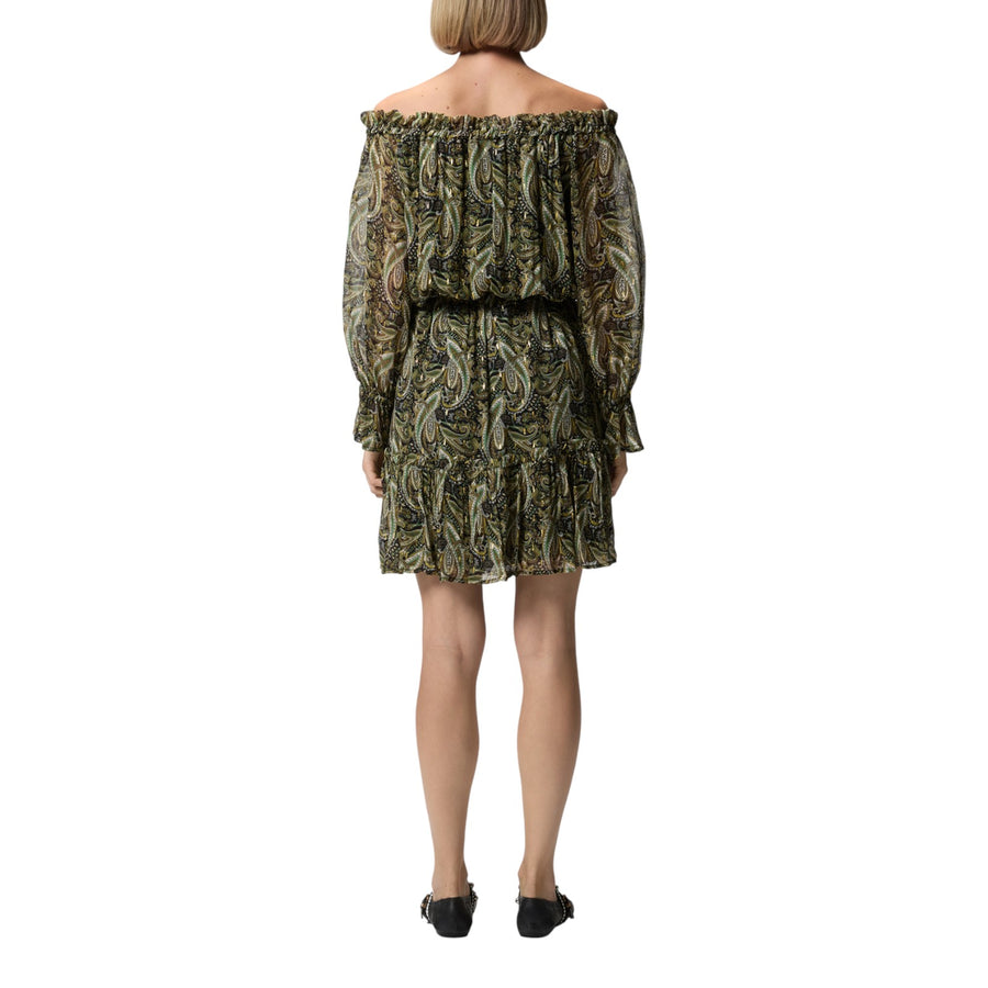 Vestito donna corto off-shoulders con stampa cachemire
