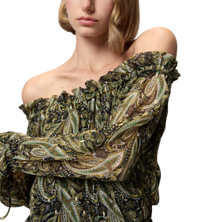 Vestito donna corto off-shoulders con stampa cachemire