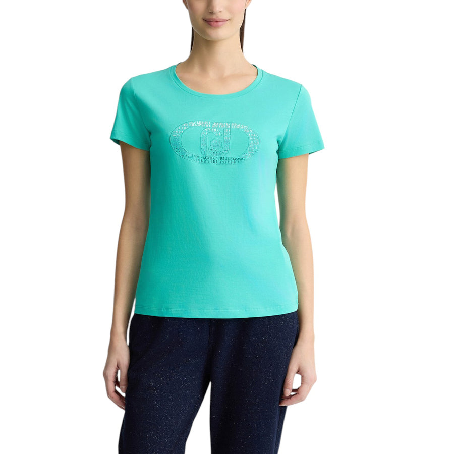 T-shirt donna con logo e strass