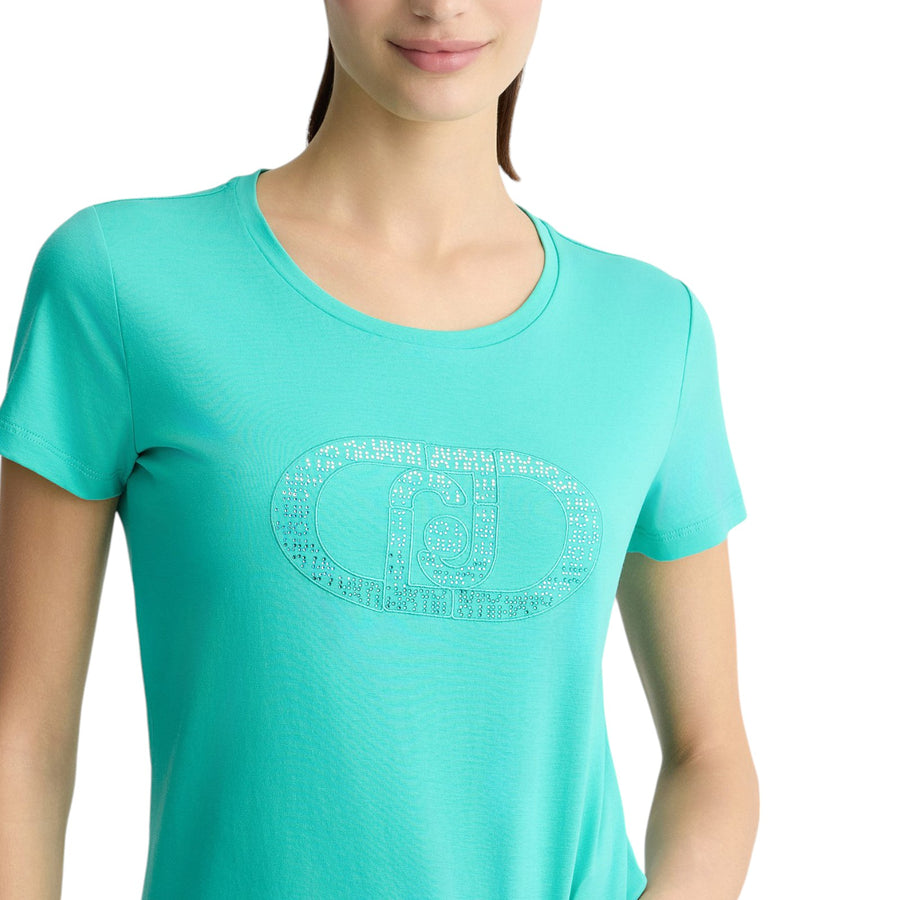 T-shirt donna con logo e strass