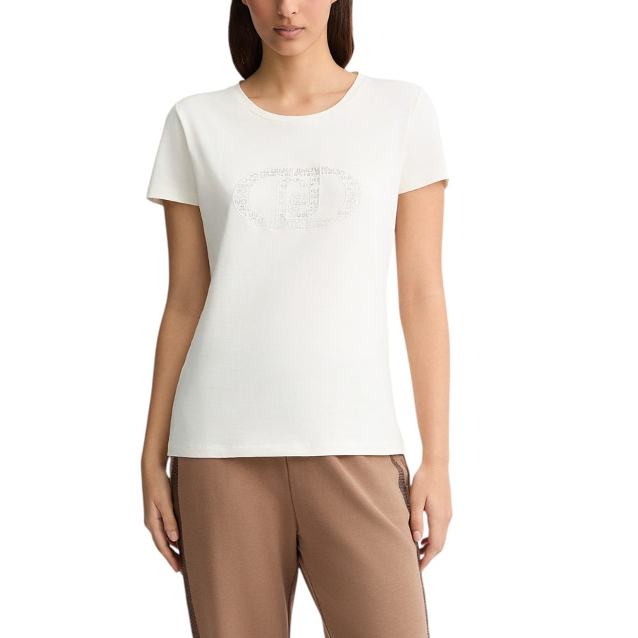 T-shirt donna con logo e strass