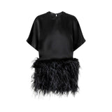 Abito donna da sera in raso lucido con piume