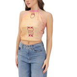 Top donna arancione e rosa con logo all-over