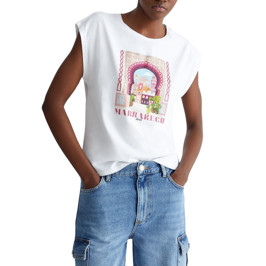 T-shirt donna con stampa e strass