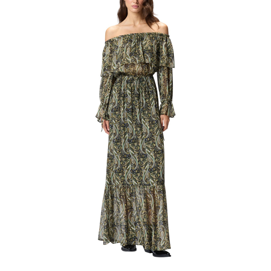 Vestito donna lungo off-shoulders con stampa cachemire
