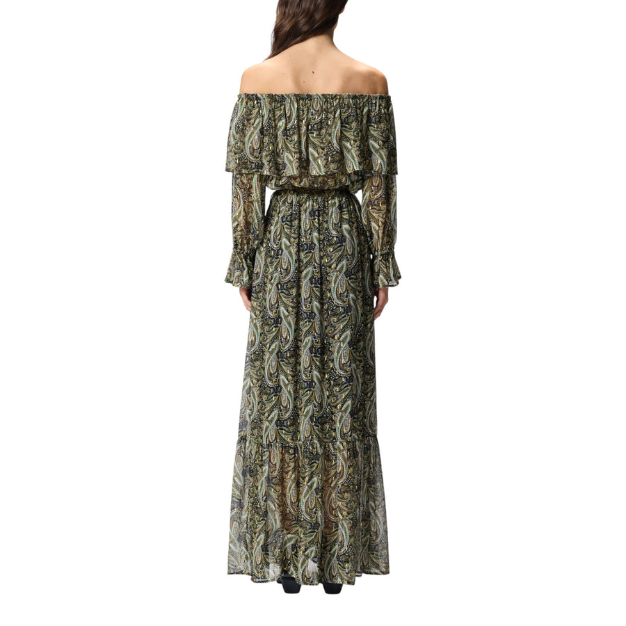 Vestito donna lungo off-shoulders con stampa cachemire