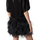 Abito donna da sera in raso lucido con piume