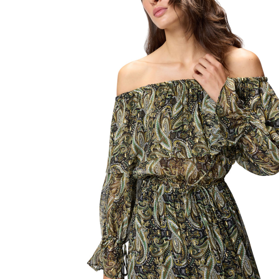 Vestito donna lungo off-shoulders con stampa cachemire
