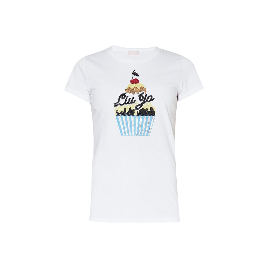 T-shirt donna con stampa Cupcake e strass