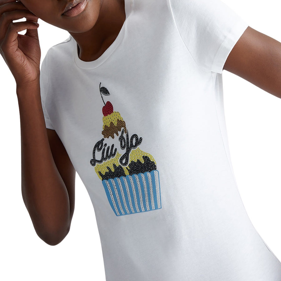 T-shirt donna con stampa Cupcake e strass