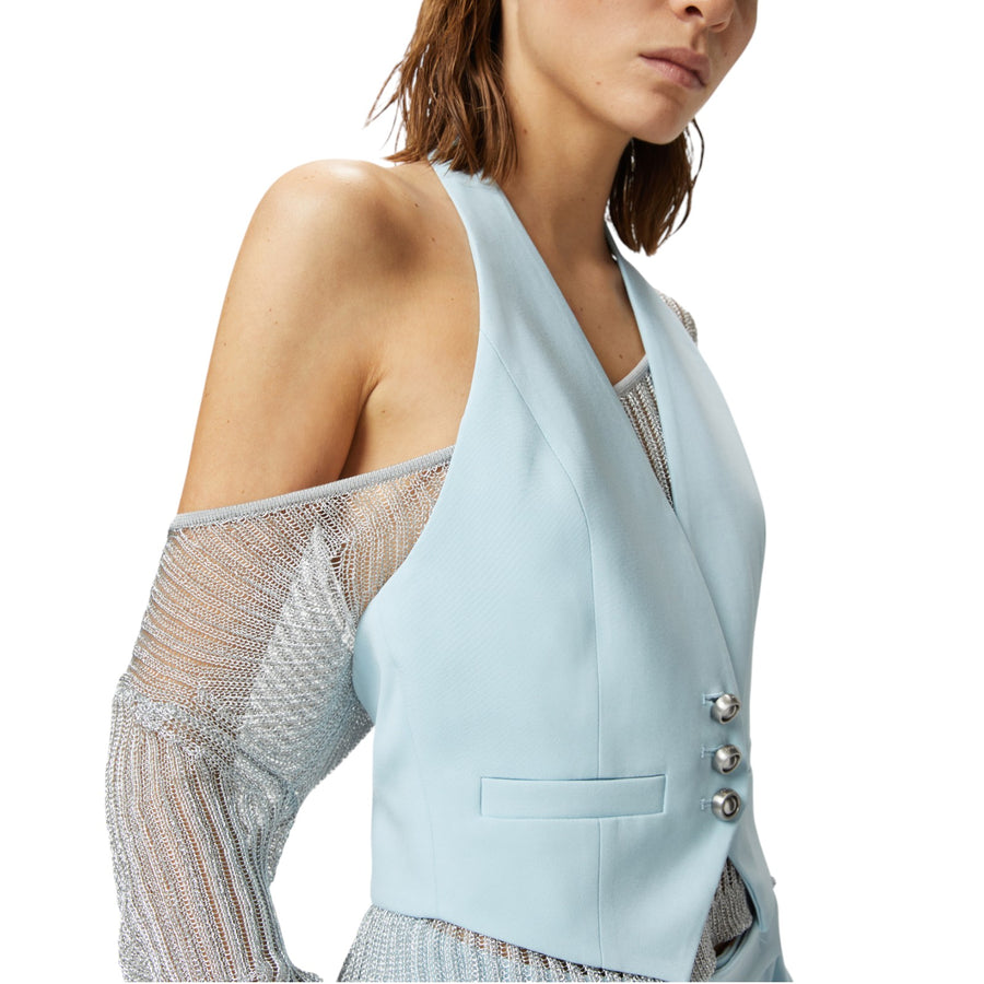 Gilet donna corto in tessuto tecnico con schiena scoperta
