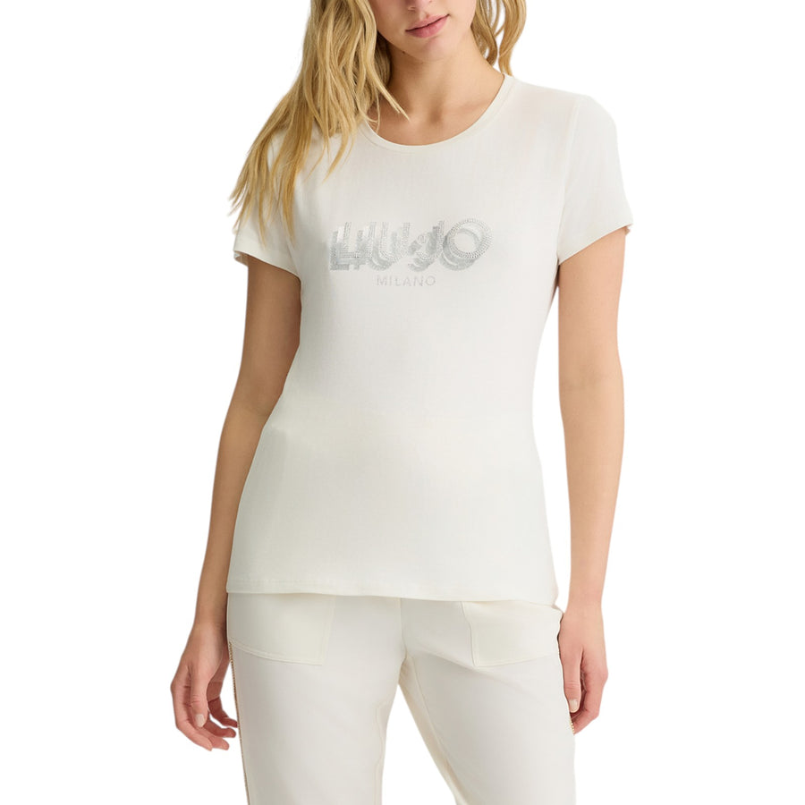 T-shirt donna con logo e strass