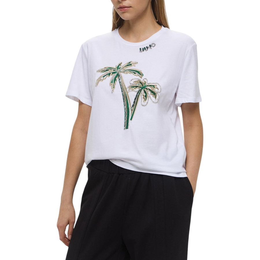 T-shirt donna in cotone con ricamo e strass