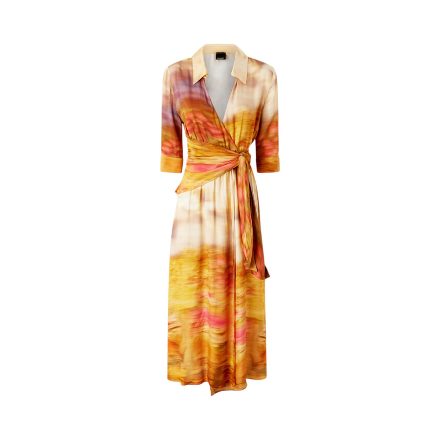 Vestito donna stampato in satin con scollo a V
