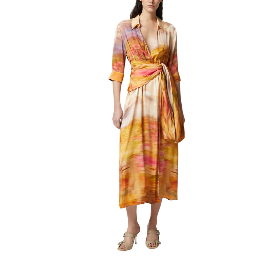 Vestito donna stampato in satin con scollo a V