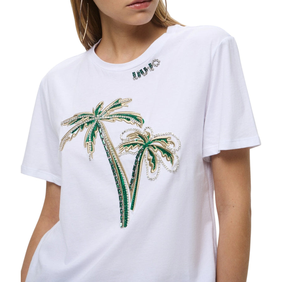 T-shirt donna in cotone con ricamo e strass