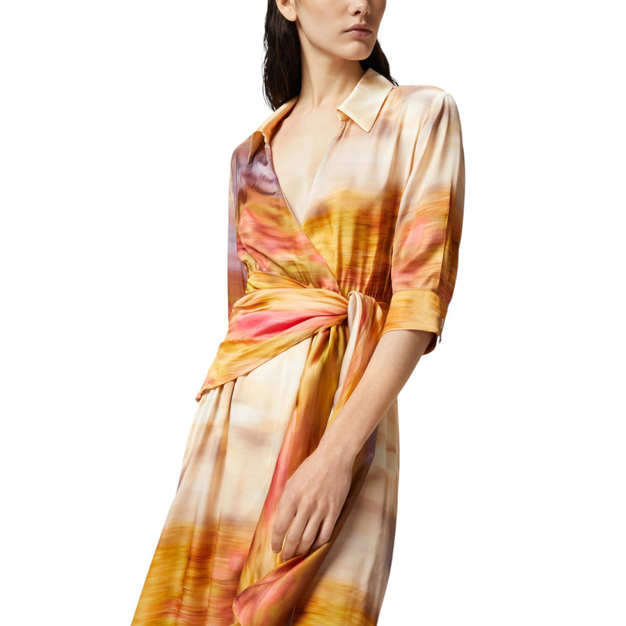 Vestito donna stampato in satin con scollo a V