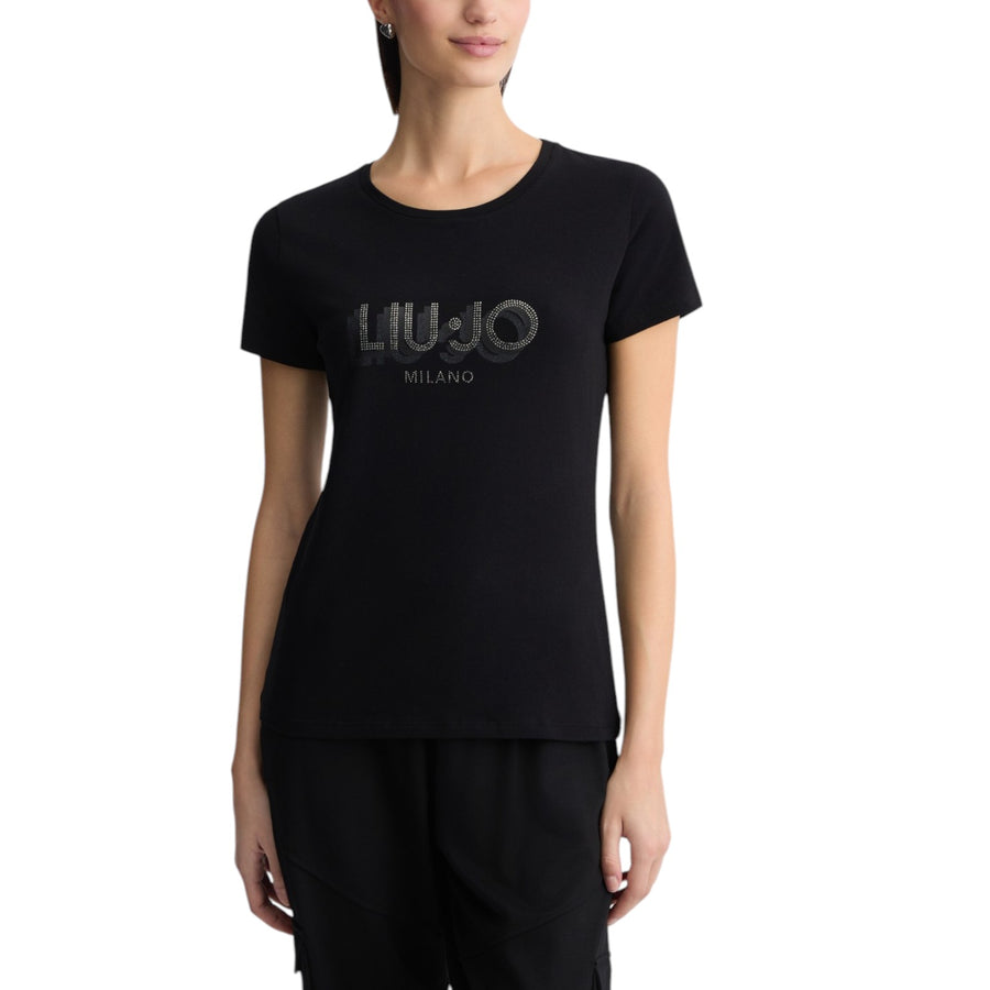 T-shirt donna con logo e strass