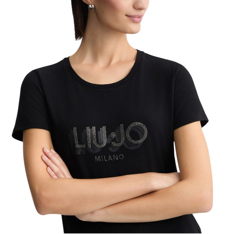 T-shirt donna con logo e strass