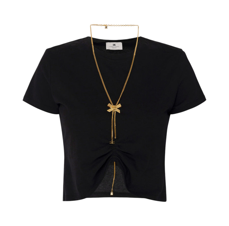 T-shirt donna in jersey con collana a fiocco