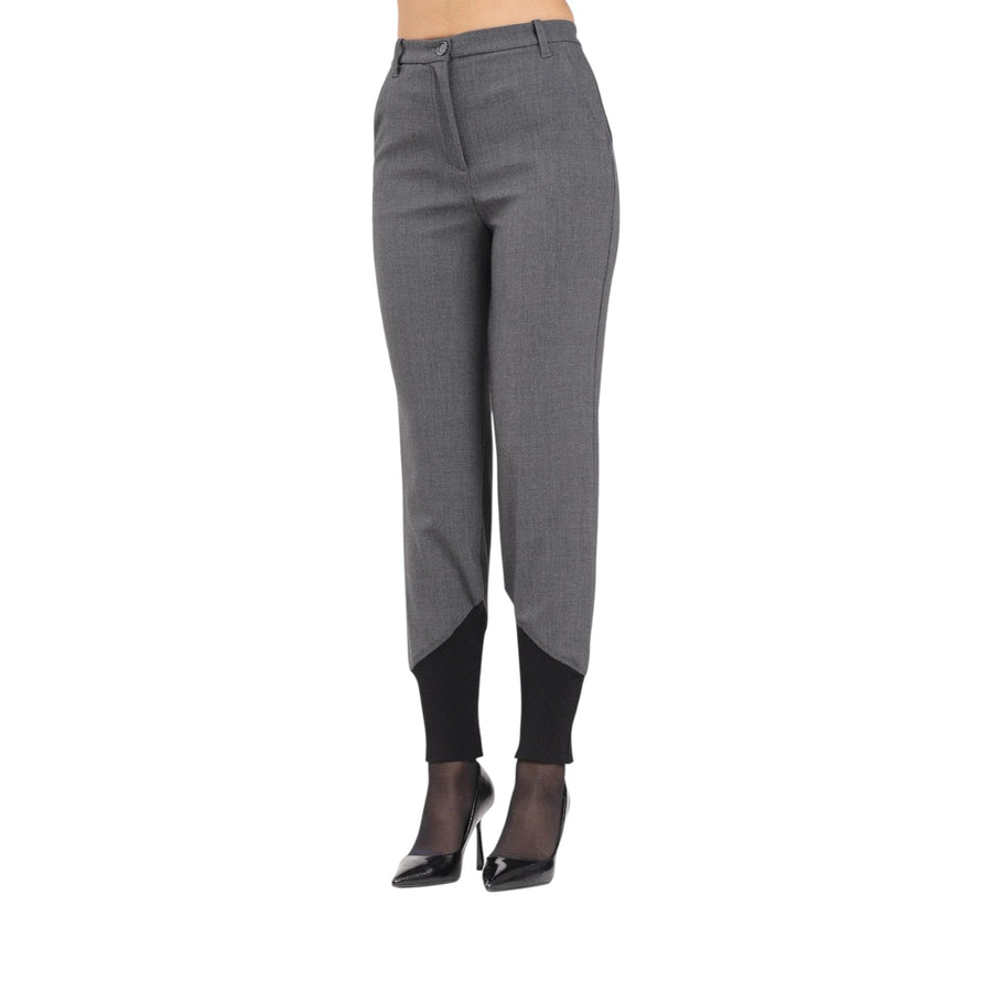Pantalone donna elegante grigio con inserto in maglia nera a costine