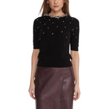 Maglia donna girocollo di lana ricamata a maniche corte